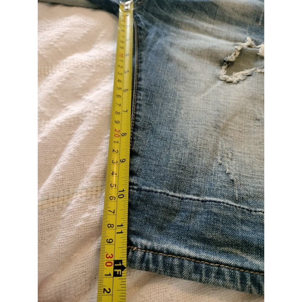 Fashion Homme Distressed Denim Shorts Size 33 Blue Acid Wash Graphic Cuff Punk - Picture 6 of 16